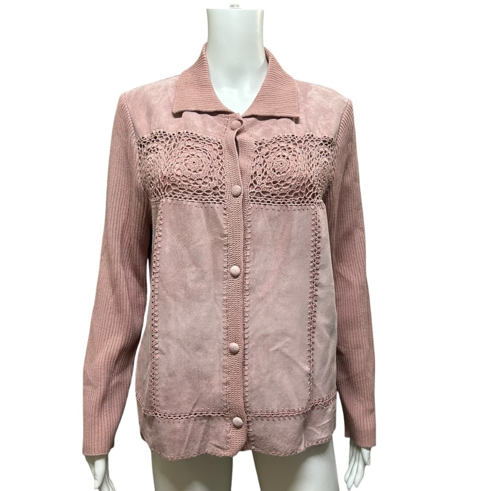VTG Nygard Collection Pink Suede & Crochet Knit Cardigan Jacket Size M